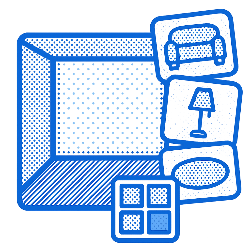 Room with furniture style cards and color swatches