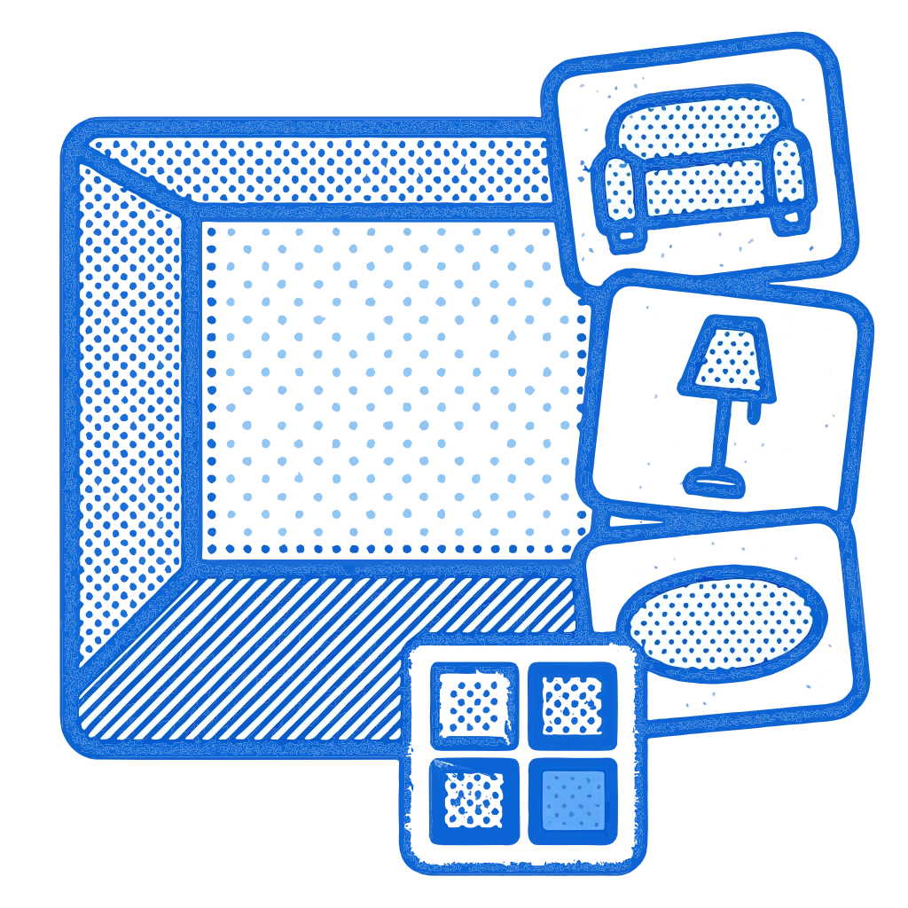 Room with furniture style cards and color swatches